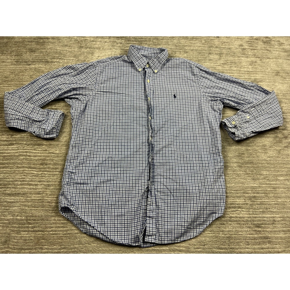 Polo Ralph Lauren Shirt Mens L Blue Gingham Classic Fit Cotton Button Down Long